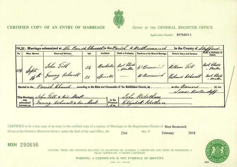 Marriage 16 Sep 1850 John Till & Fanny Till Parish Church, West Bromwich, Stafford, England, UK